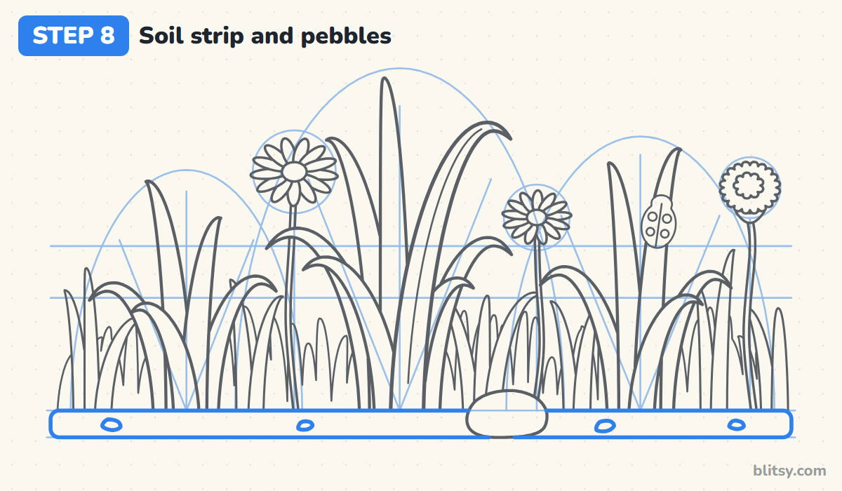 How to draw grass step by step step 8 - draw the soil strip and pebbles
