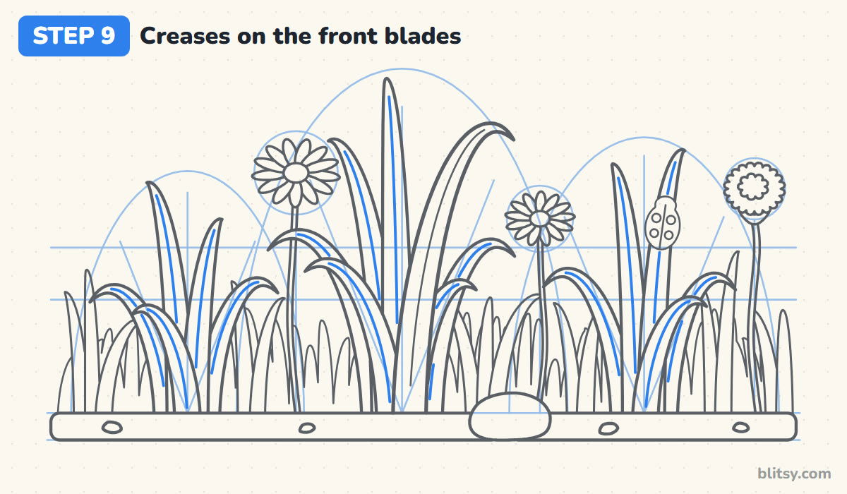 How to draw grass step by step step 9 - add creases to the front blades