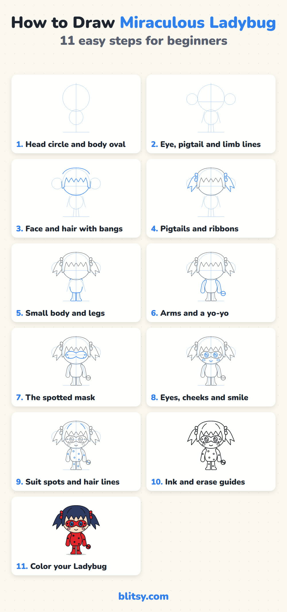 How to draw miraculous ladybug step by step - all 11 steps on one page (Pinterest)