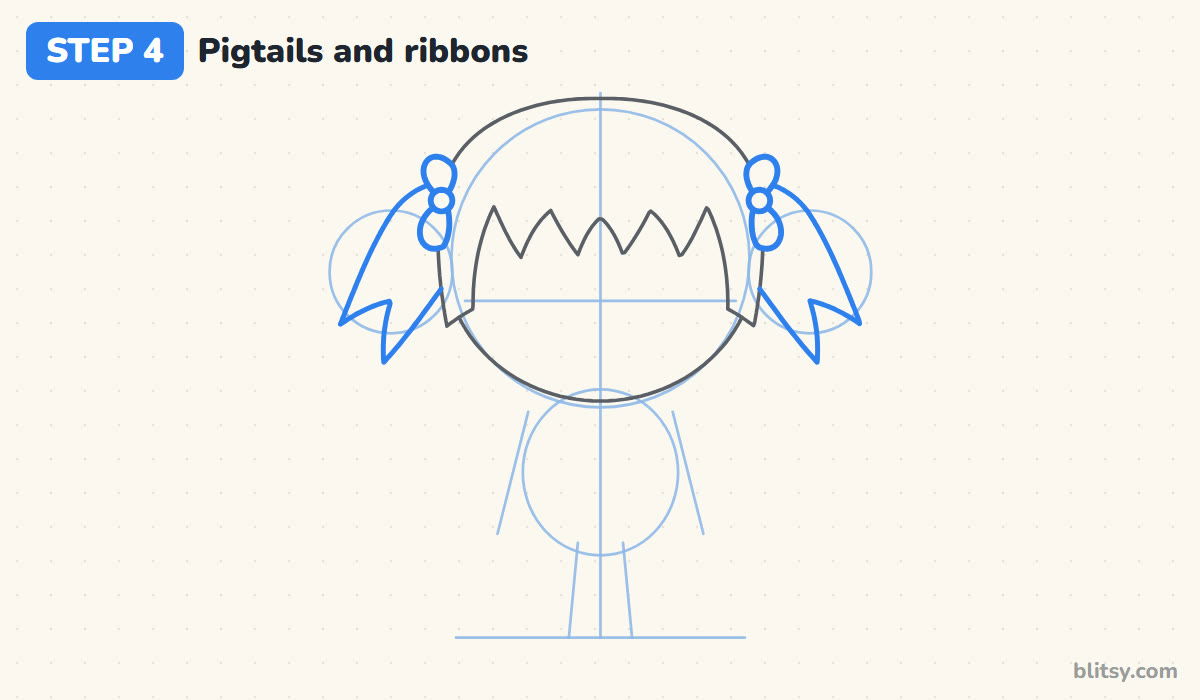 How to draw miraculous ladybug step by step step 4 - draw the pigtails and red ribbons