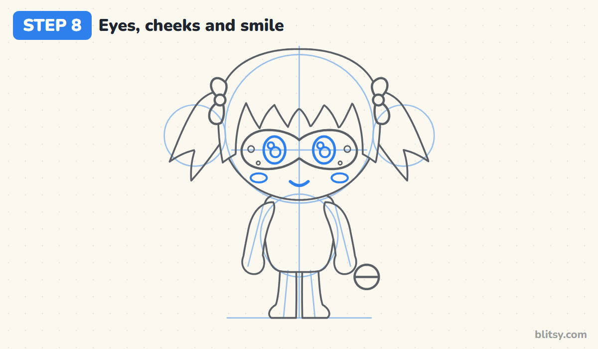 How to draw miraculous ladybug step by step step 8 - add the eyes, blush and smile