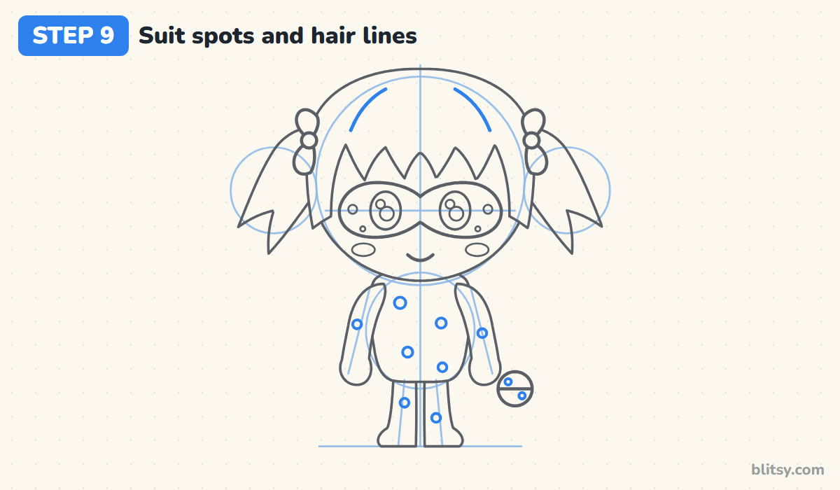 How to draw miraculous ladybug step by step step 9 - draw the suit spots and hair lines