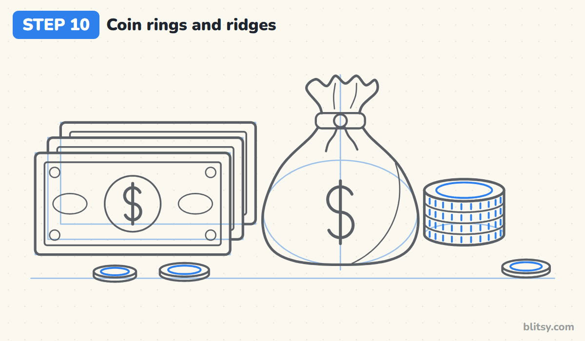 How to draw money step by step step 10 - add coin rings and edge ridges