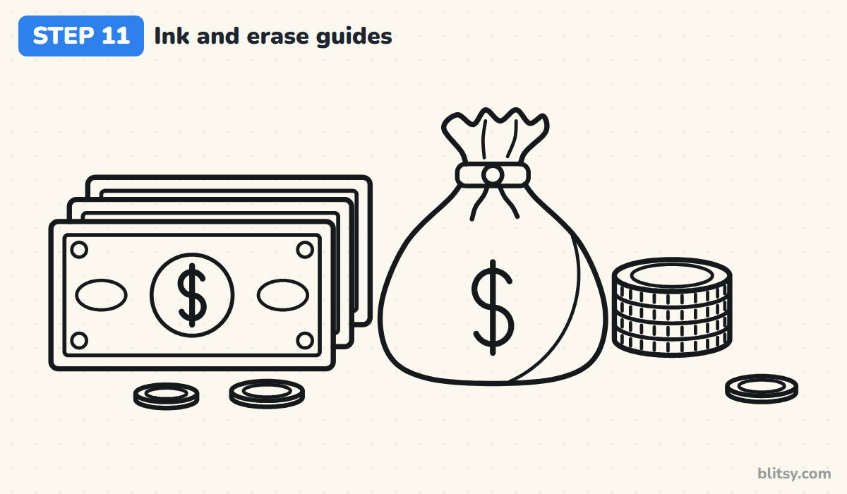 How to draw money step by step step 11 - ink every line and erase the guides