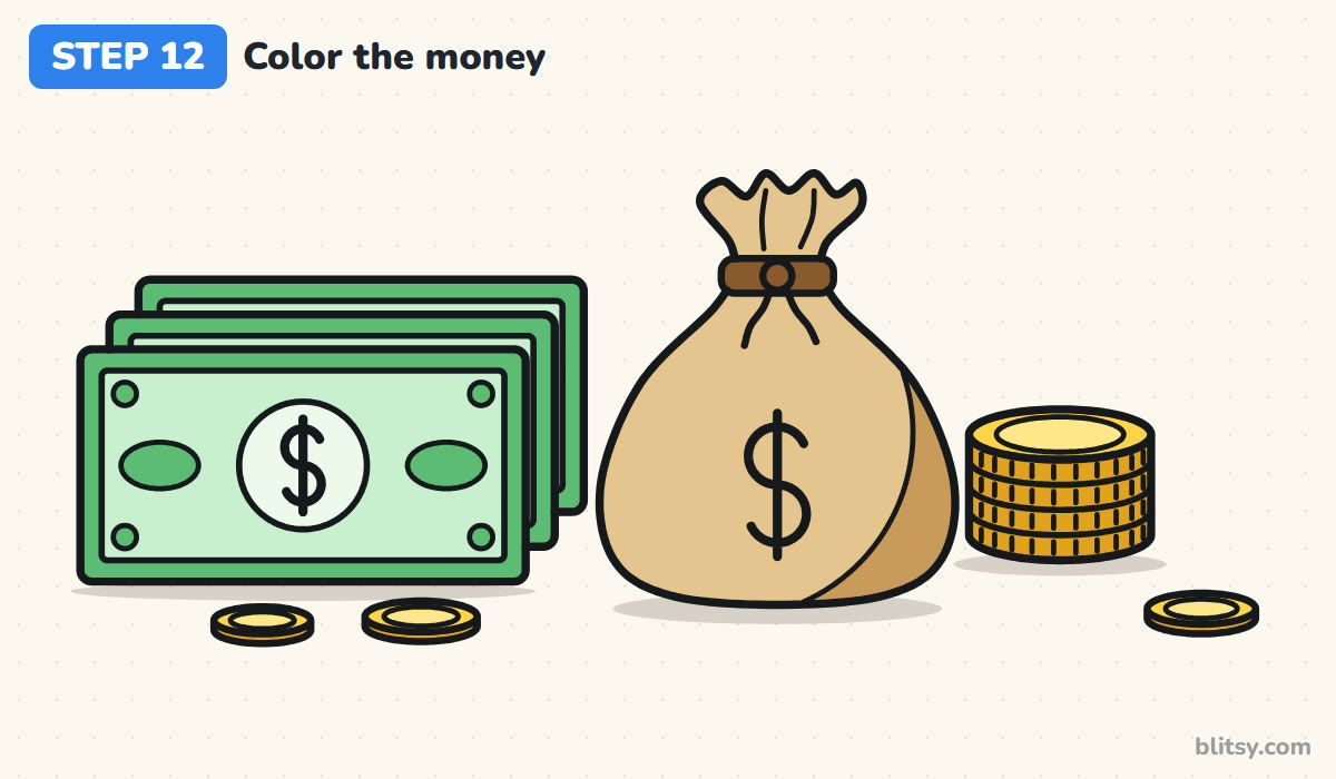 How to draw money step by step step 12 - color the bills, the bag and the coins