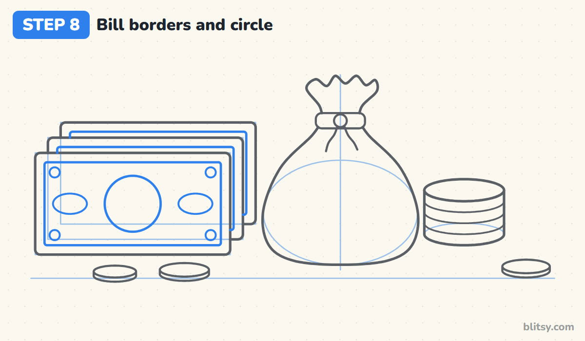 How to draw money step by step step 8 - decorate the bills with borders and a circle