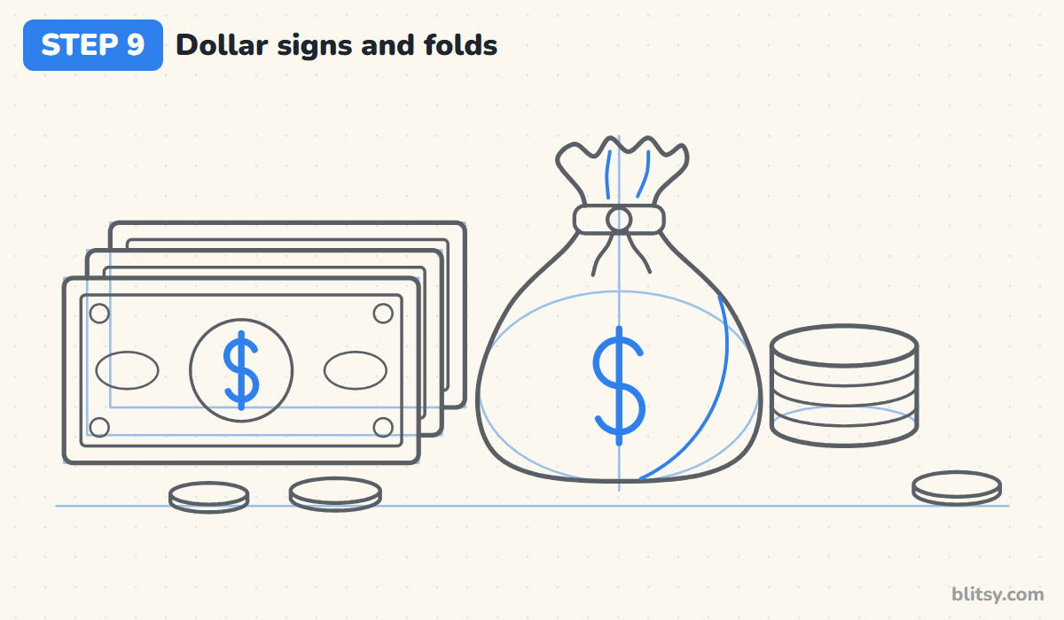 How to draw money step by step step 9 - draw two dollar signs and the bag folds