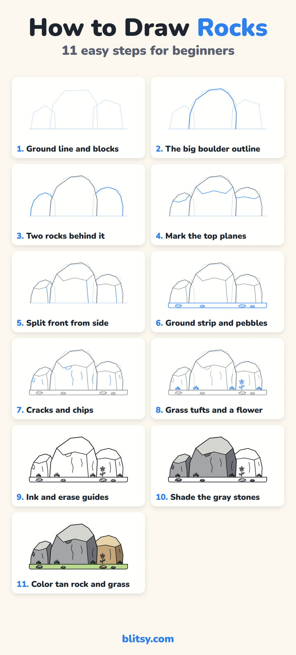 How to draw rocks step by step - all 11 steps on one page (Pinterest)