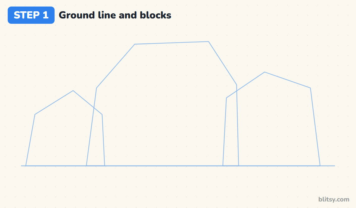 How to draw rocks step by step step 1 - sketch a ground line and three blocks
