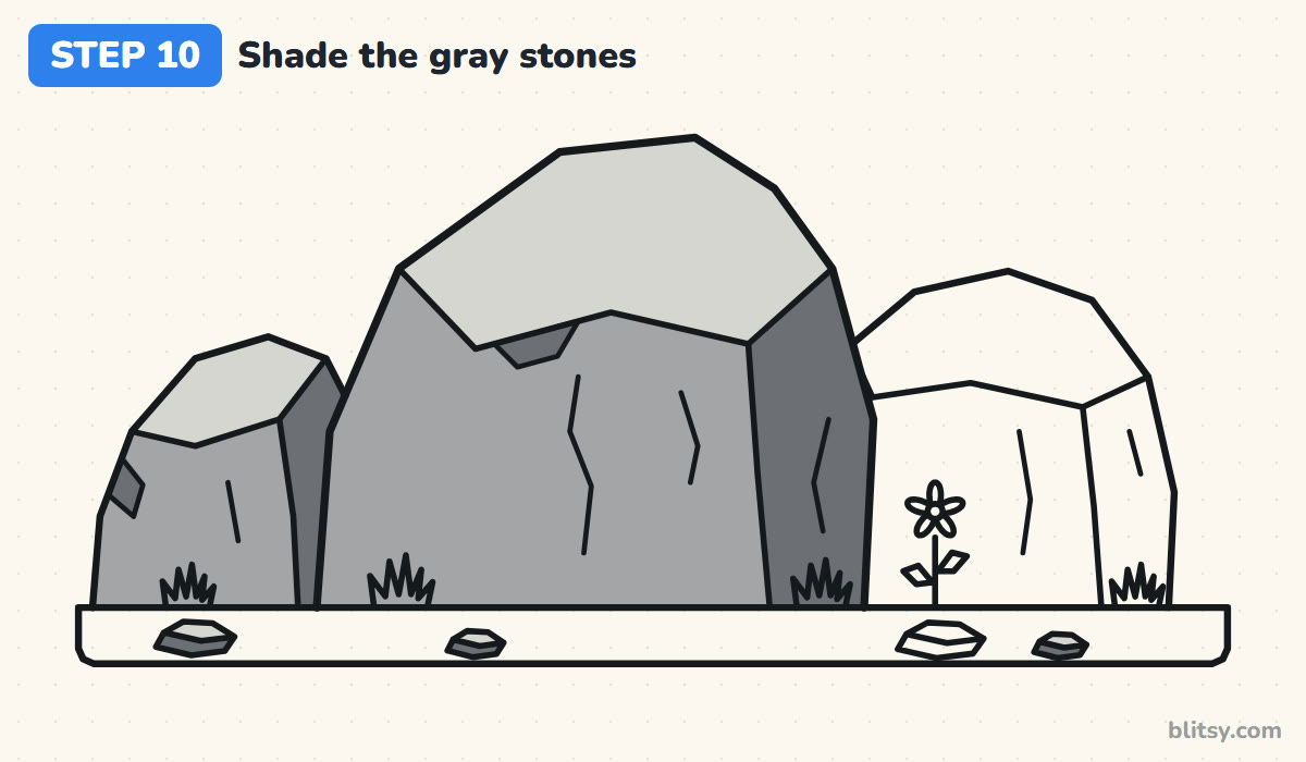 How to draw rocks step by step step 10 - shade the gray stones