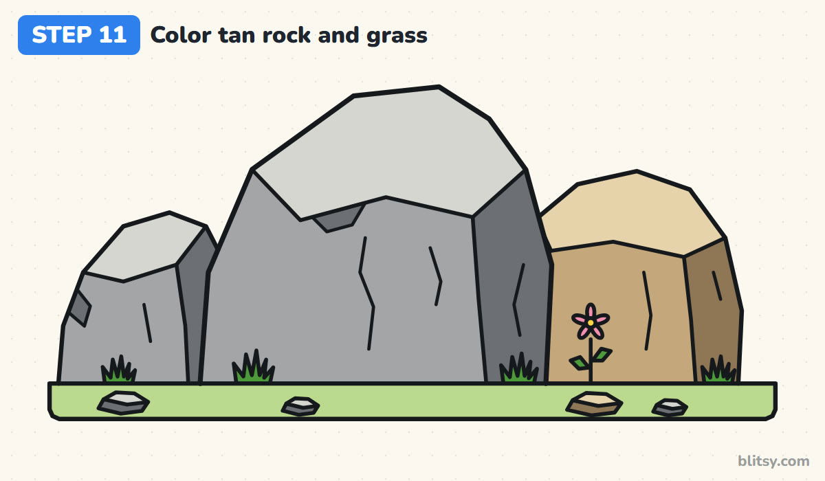 How to draw rocks step by step step 11 - color the tan rock, grass and flower