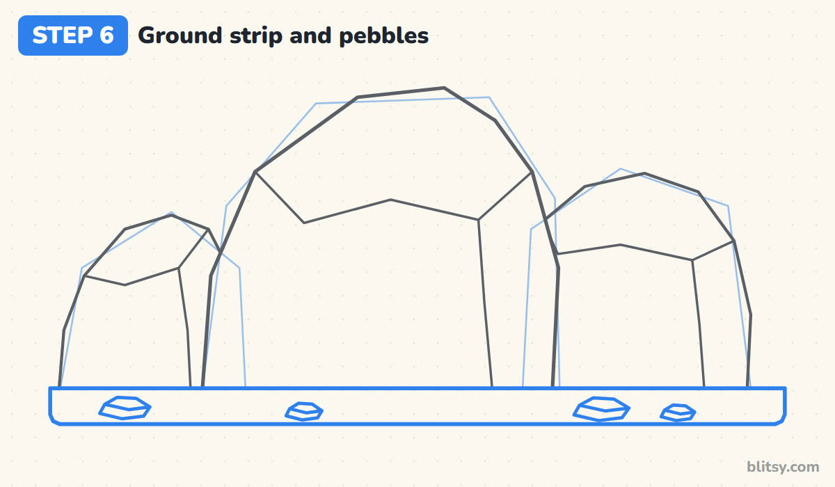 How to draw rocks step by step step 6 - draw the ground strip and pebbles