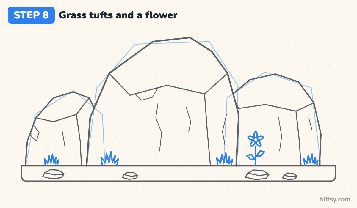 How to draw rocks step by step step 8 - grow some grass and a little flower
