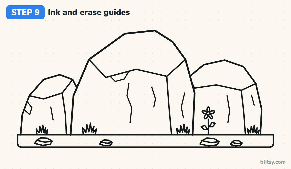 How to draw rocks step by step step 9 - ink the lines and erase the guides