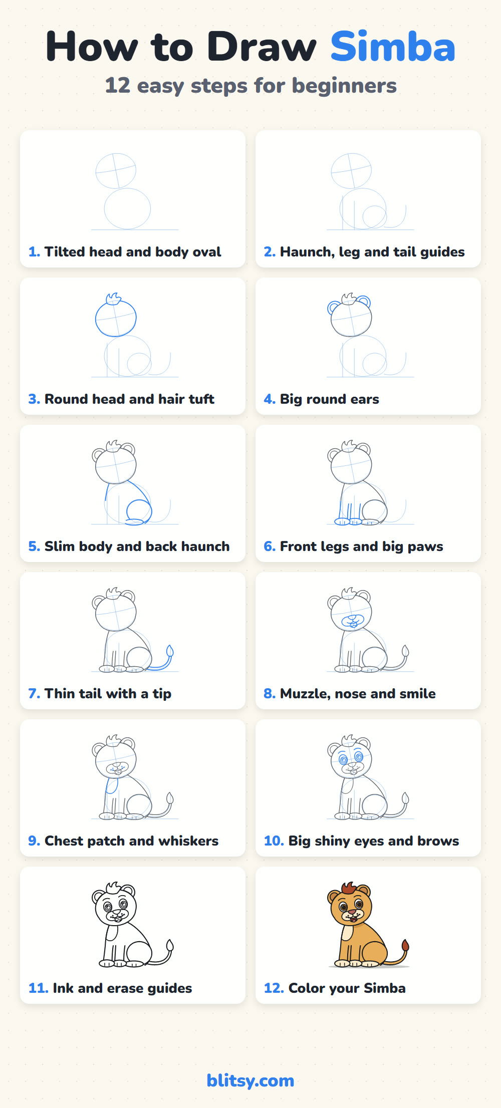 How to draw simba step by step - all 12 steps on one page (Pinterest)