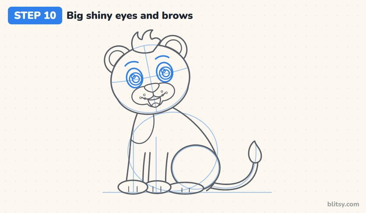How to draw simba step by step step 10 - draw big shiny eyes and raised brows