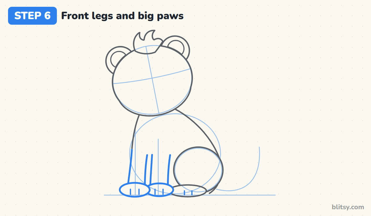 How to draw simba step by step step 6 - add front legs and oversized paws