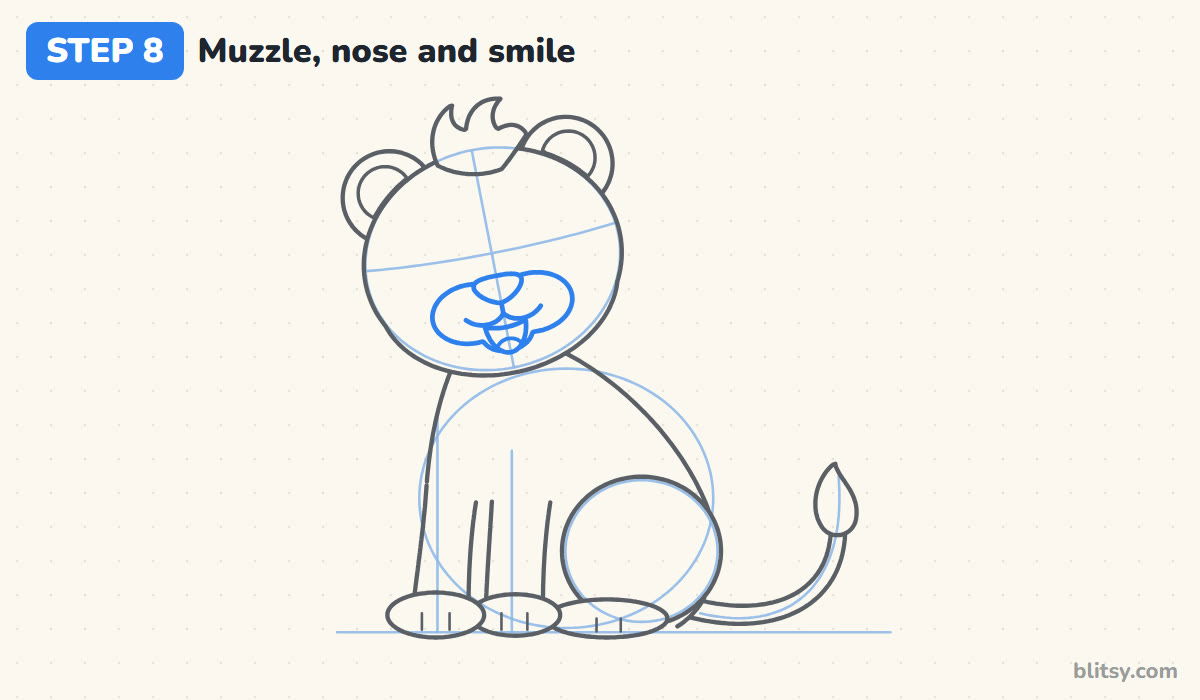 How to draw simba step by step step 8 - draw the muzzle, the nose and an open smile