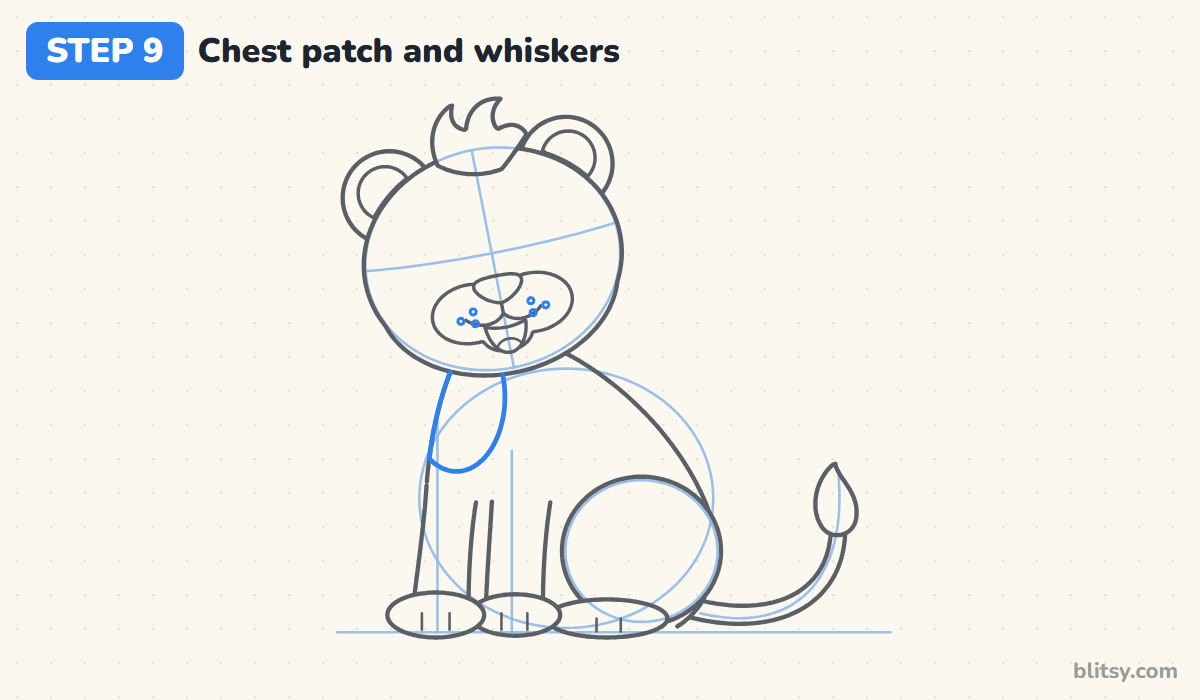 How to draw simba step by step step 9 - add the chest patch and whisker dots