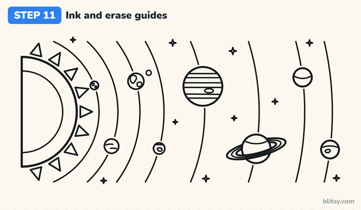 How to draw the solar system step by step step 11 - ink the lines and erase the guides
