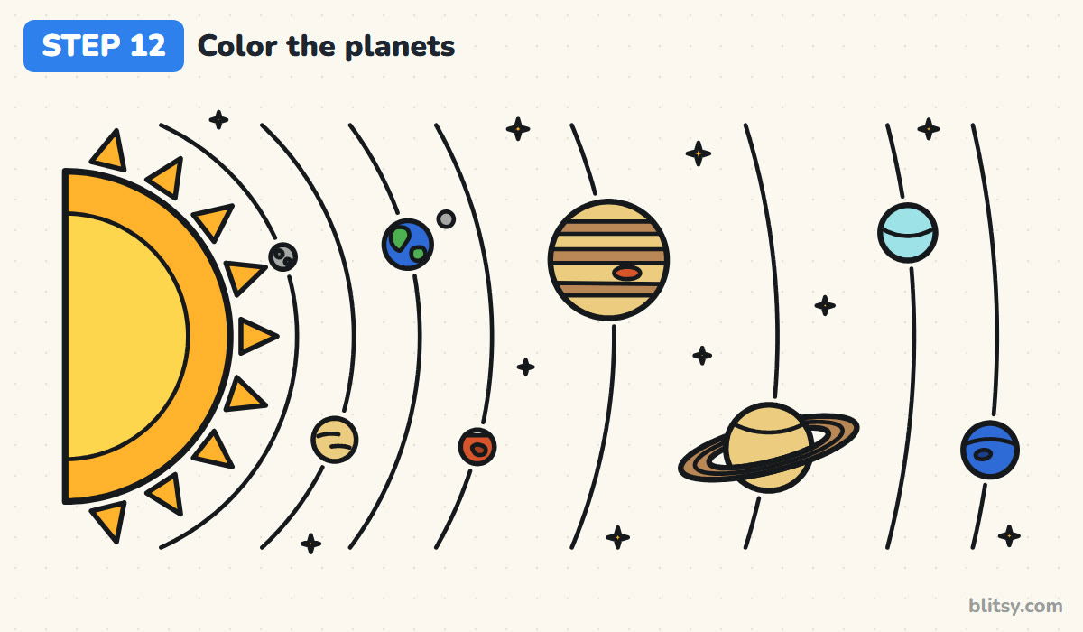 How to draw the solar system step by step step 12 - color the planets