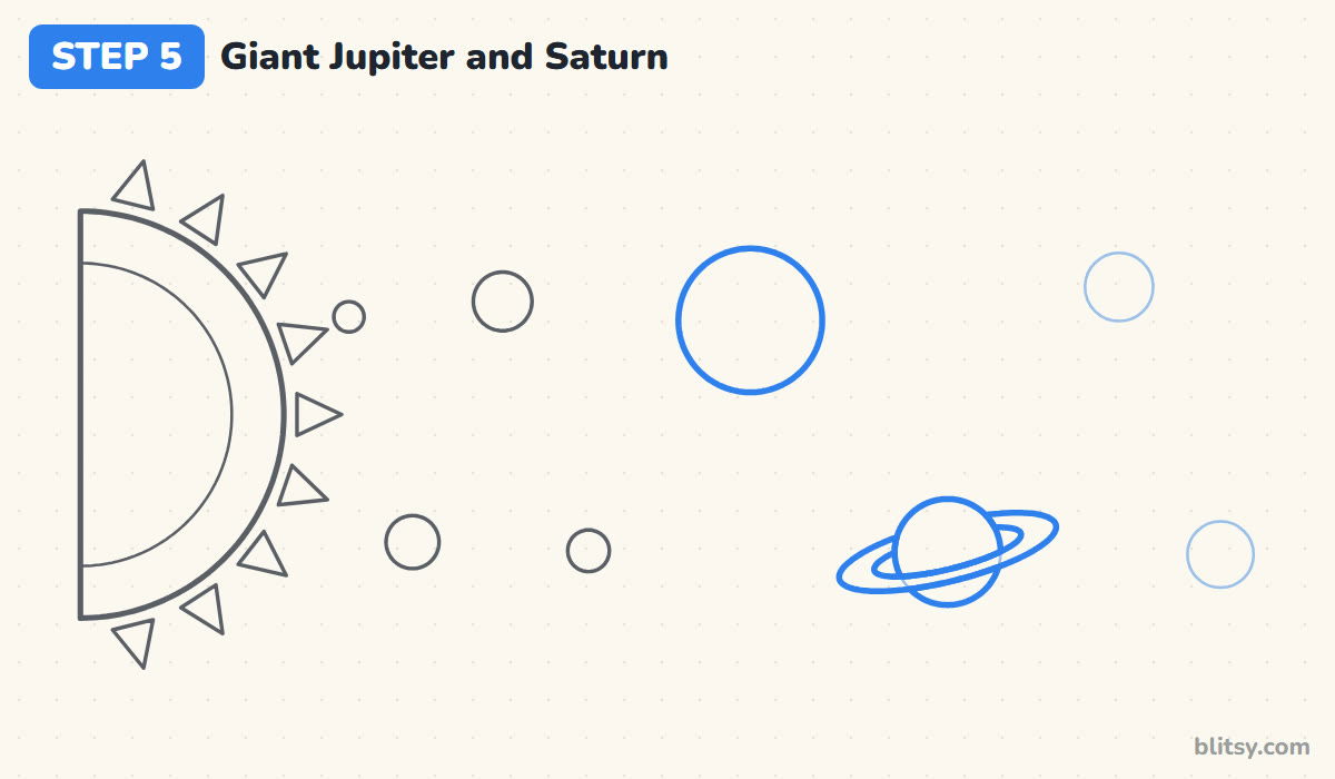 How to draw the solar system step by step step 5 - draw jupiter and ringed saturn