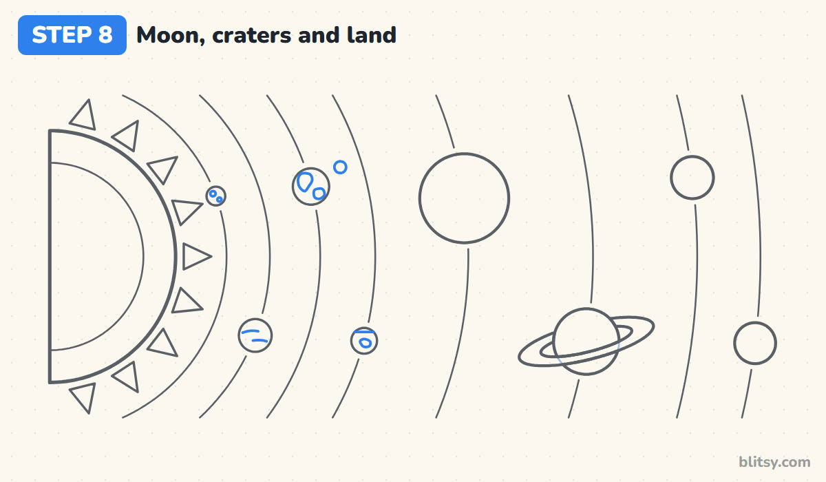 How to draw the solar system step by step step 8 - add the moon and surface marks