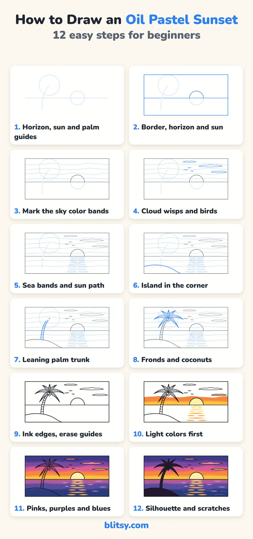 Oil pastel drawing step by step - all 12 steps on one page (Pinterest)