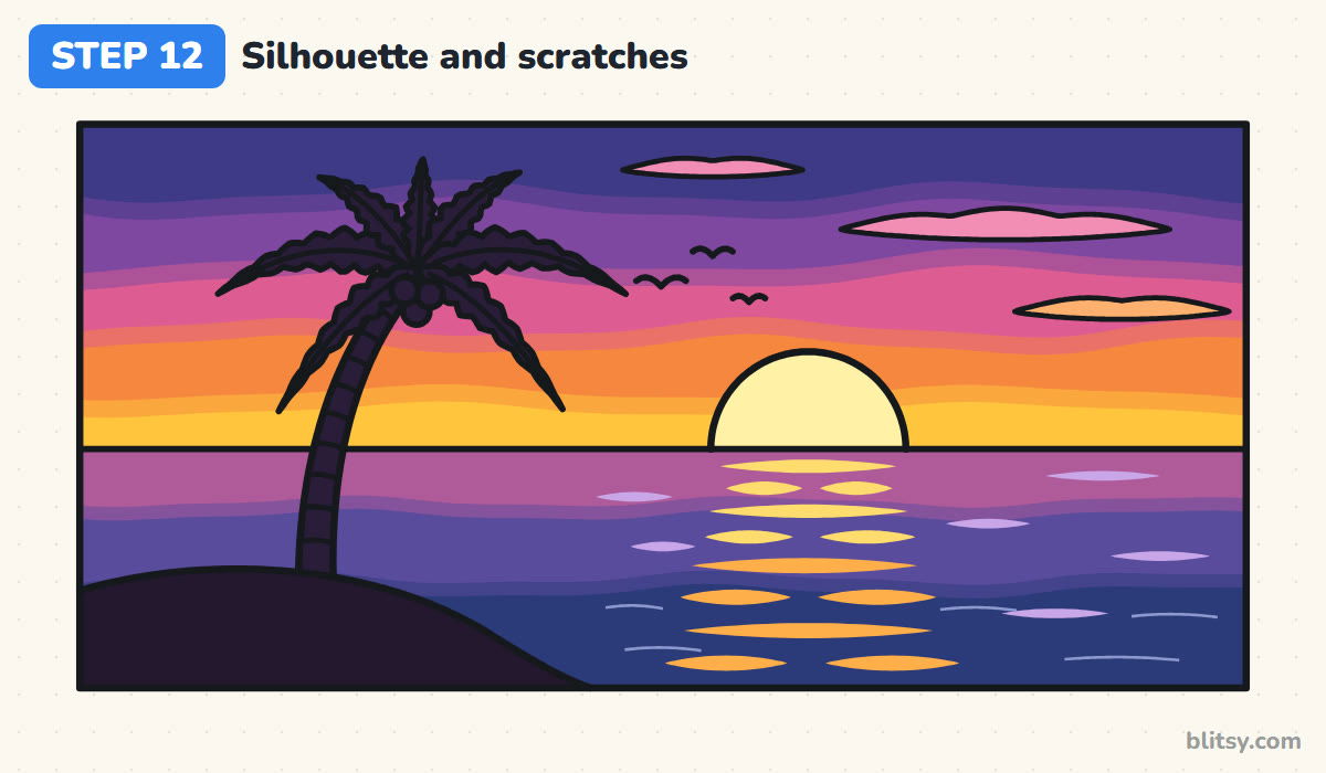 Oil pastel drawing step by step step 12 - fill the silhouette and scratch the waves
