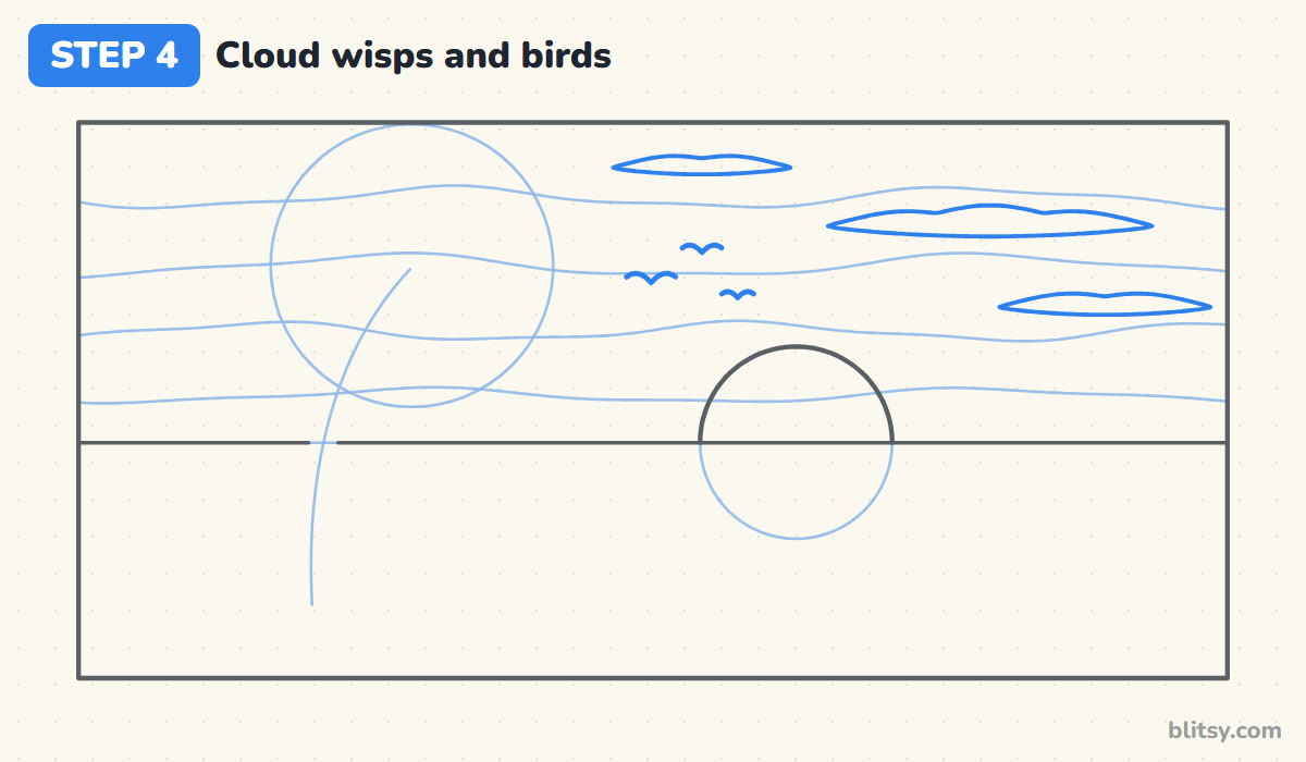 Oil pastel drawing step by step step 4 - add cloud wisps and a few birds