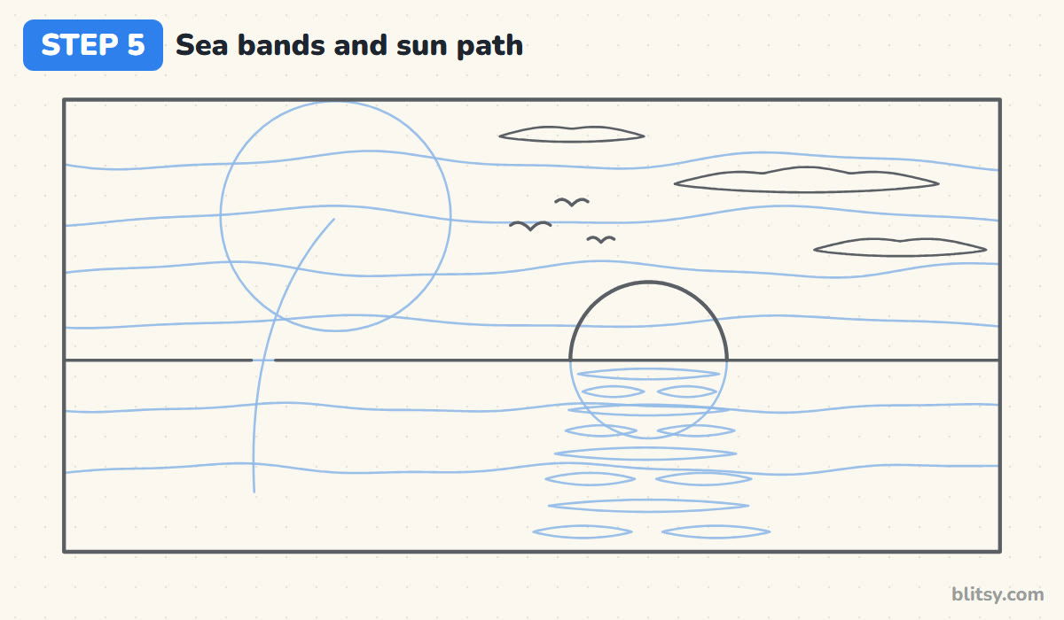 Oil pastel drawing step by step step 5 - mark the sea bands and the sun path