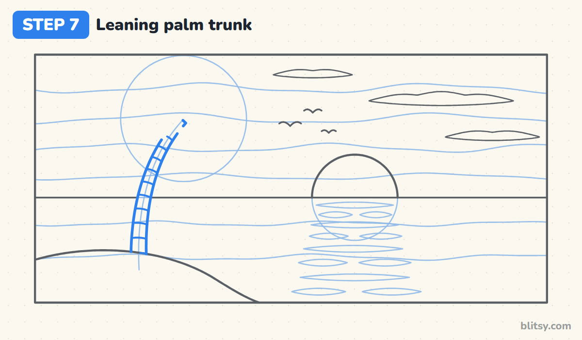 Oil pastel drawing step by step step 7 - draw the leaning palm trunk