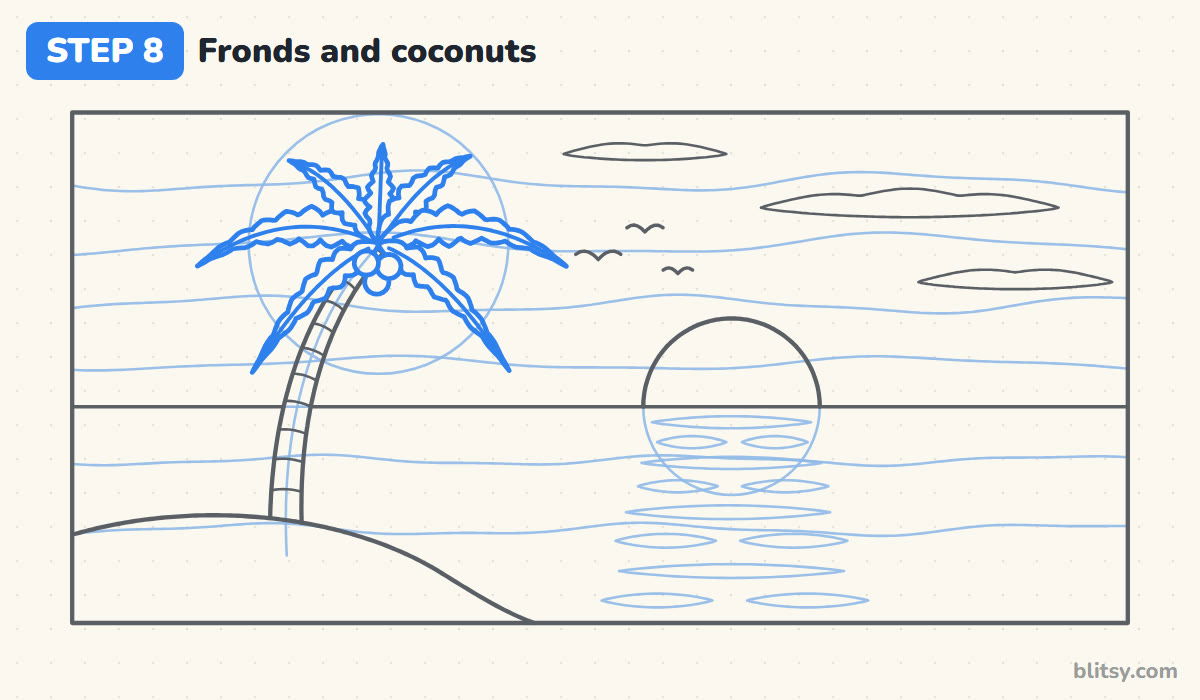 Oil pastel drawing step by step step 8 - add the fronds and coconuts