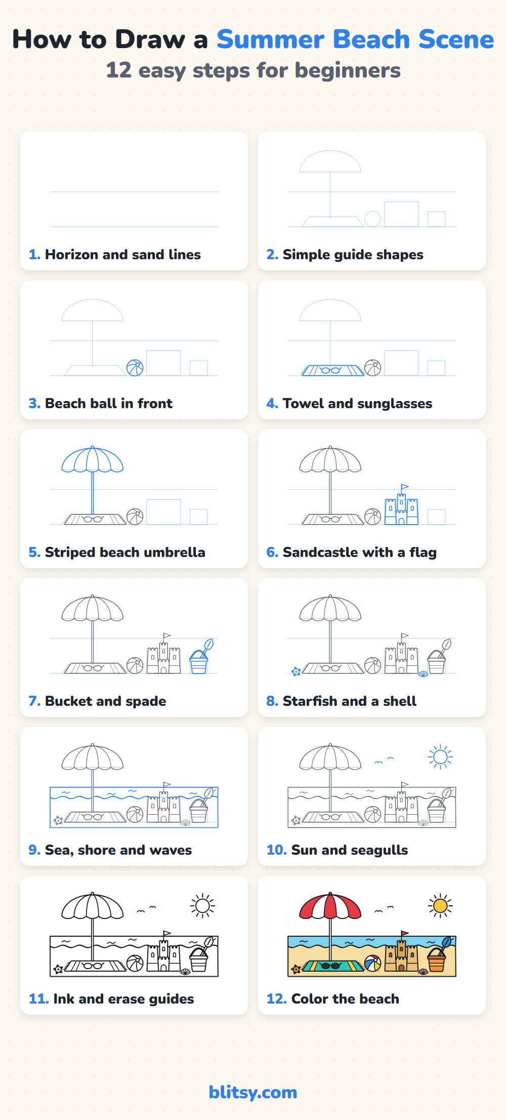 Summer drawing step by step - all 12 steps on one page (Pinterest)
