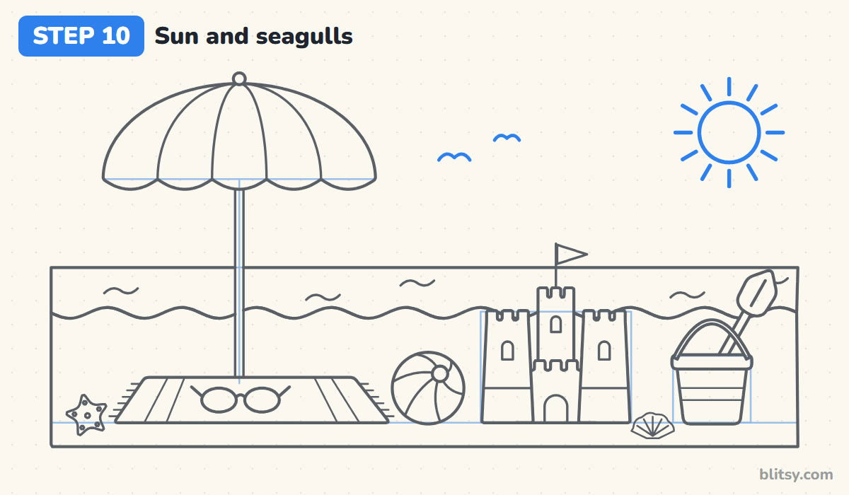 Summer drawing step by step step 10 - add the sun and two seagulls