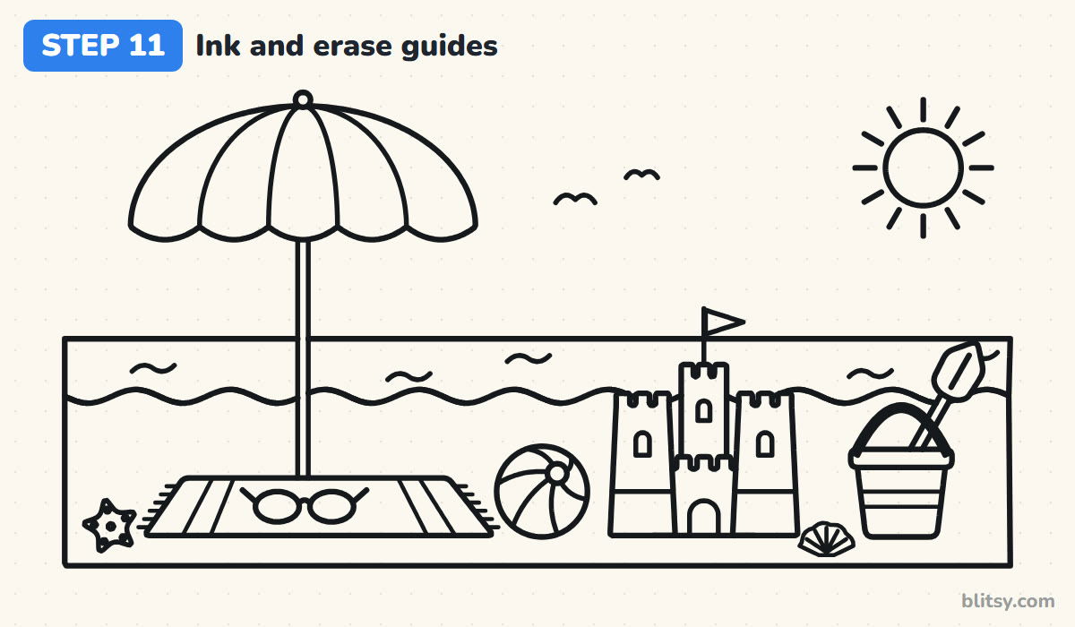 Summer drawing step by step step 11 - ink the lines and erase the guides