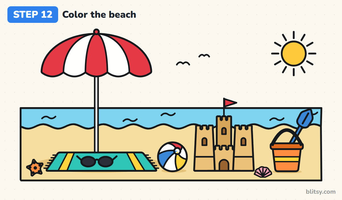 Summer drawing step by step step 12 - color your beach
