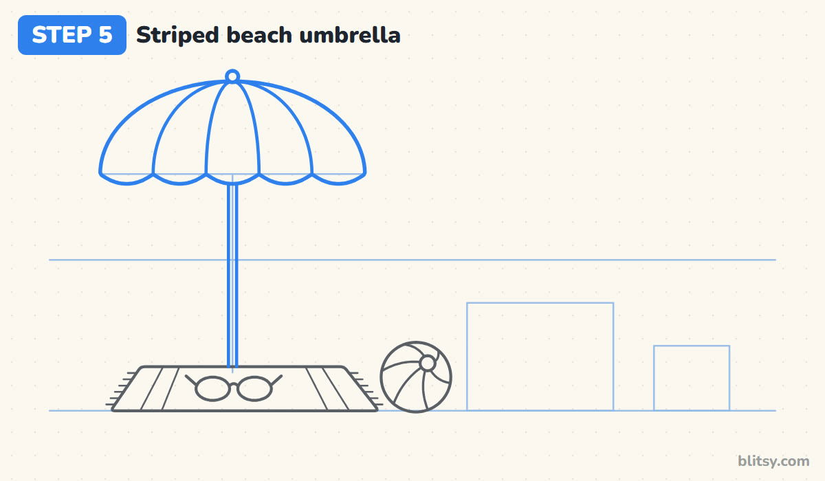 Summer drawing step by step step 5 - draw the striped beach umbrella