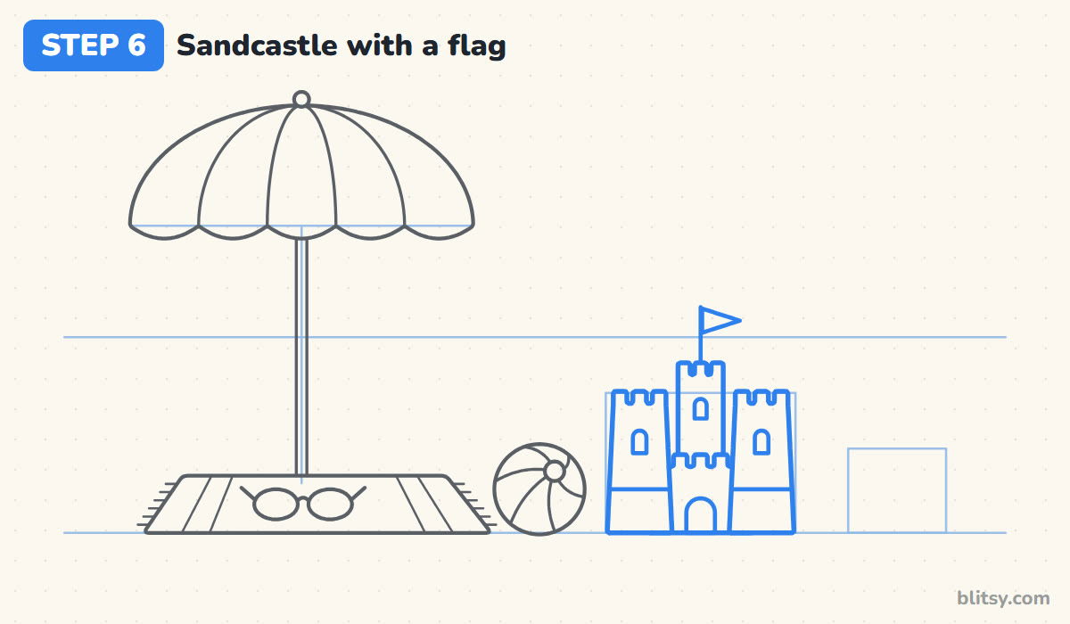 Summer drawing step by step step 6 - build the sandcastle with a flag