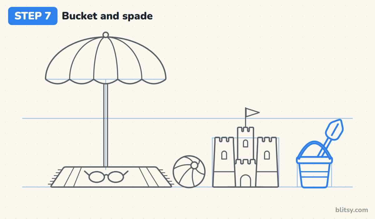 Summer drawing step by step step 7 - add the bucket and spade