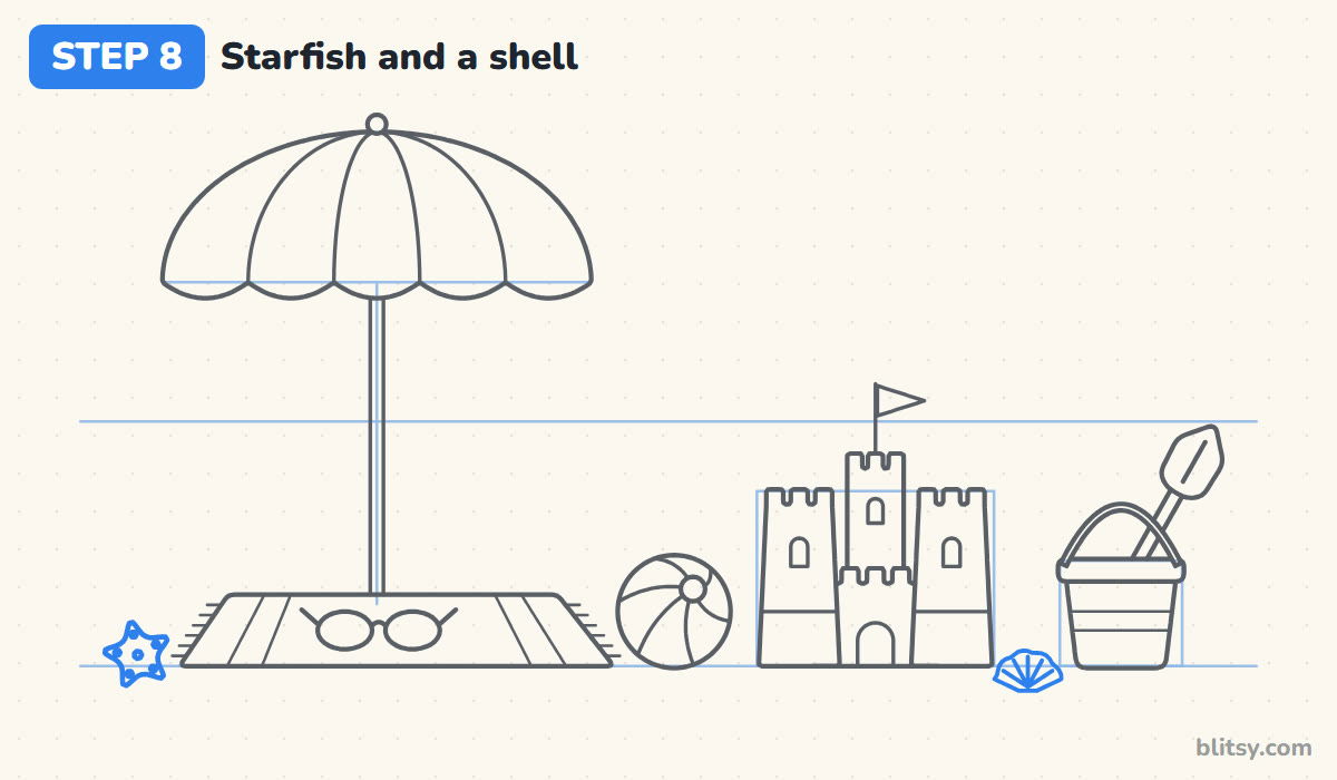 Summer drawing step by step step 8 - place a starfish and a shell