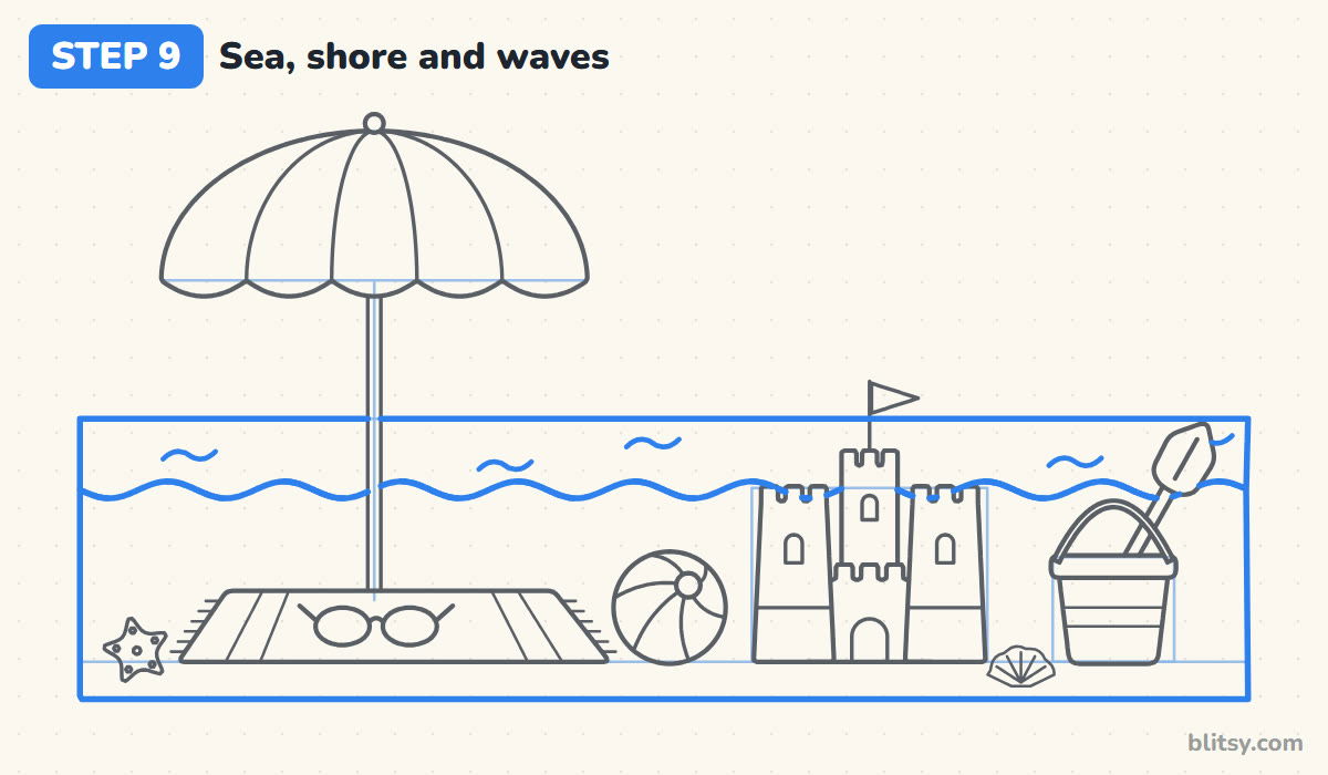 Summer drawing step by step step 9 - draw the sea, the shore and the waves