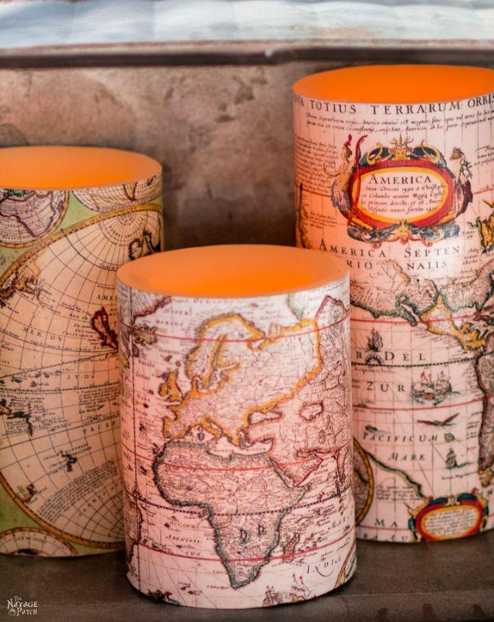 Antique World Map Decoupage Candles