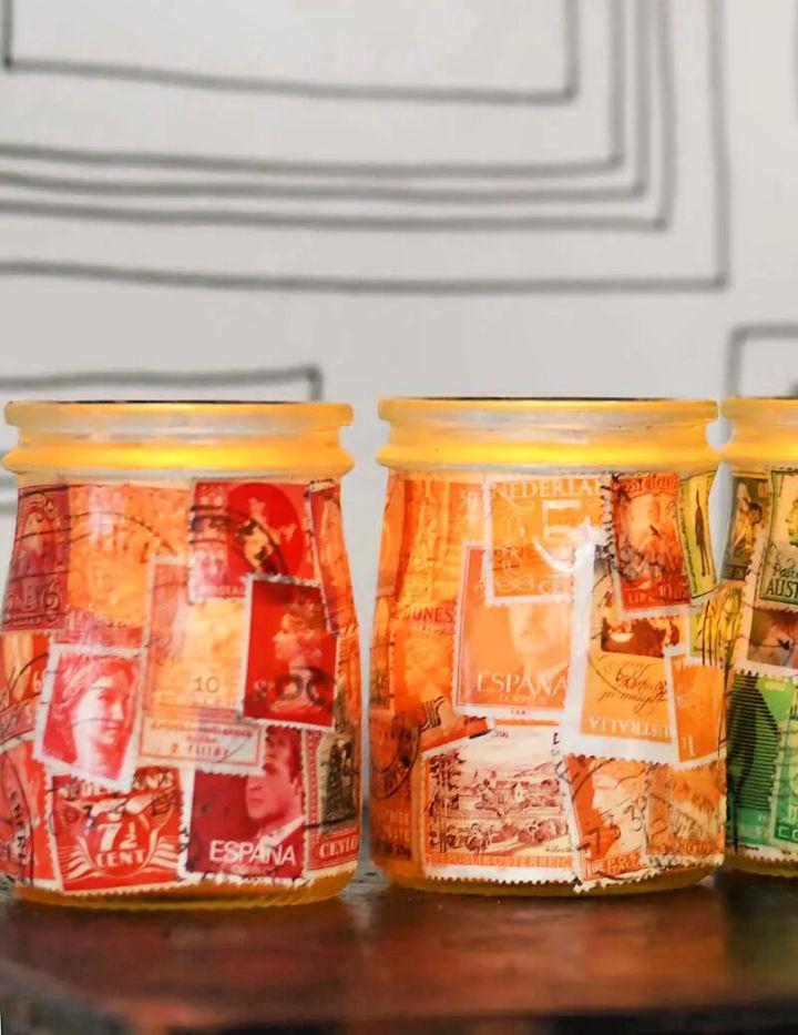 Postage Stamp Decoupage Jar Tea Lights