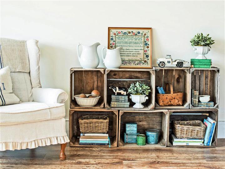 Upcycle Wooden Crates to Rustic Bookshelf
