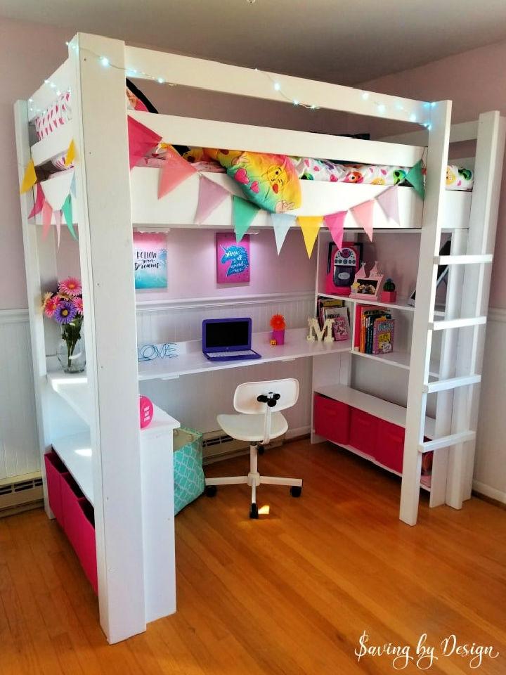 Wooden Loft Bed with Desk and Storage